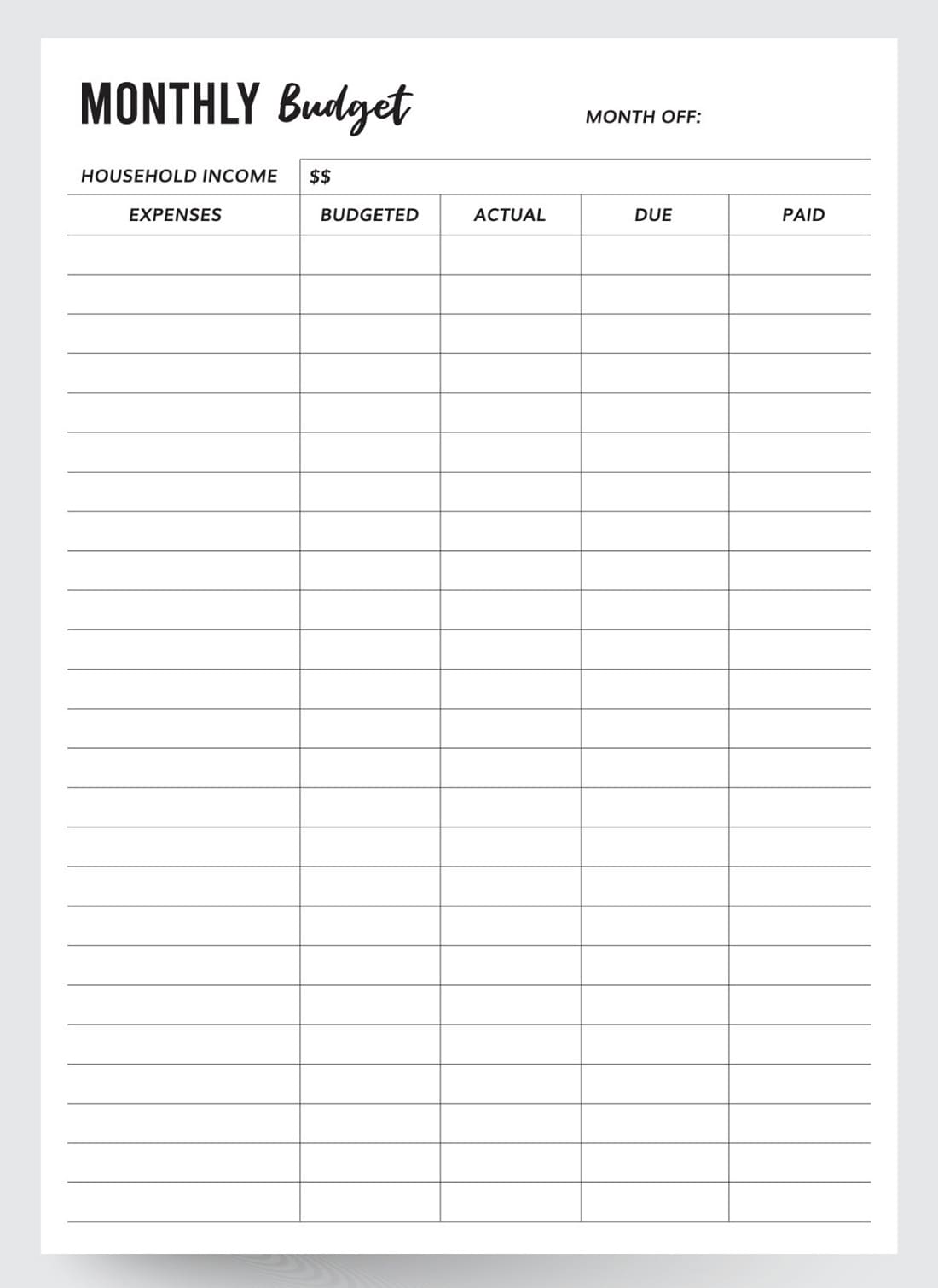 Printable Basic Monthly Budget Template