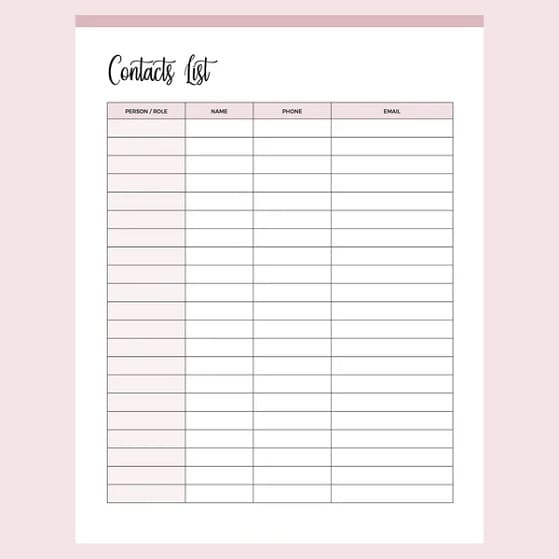 Printable Business Contact List Template