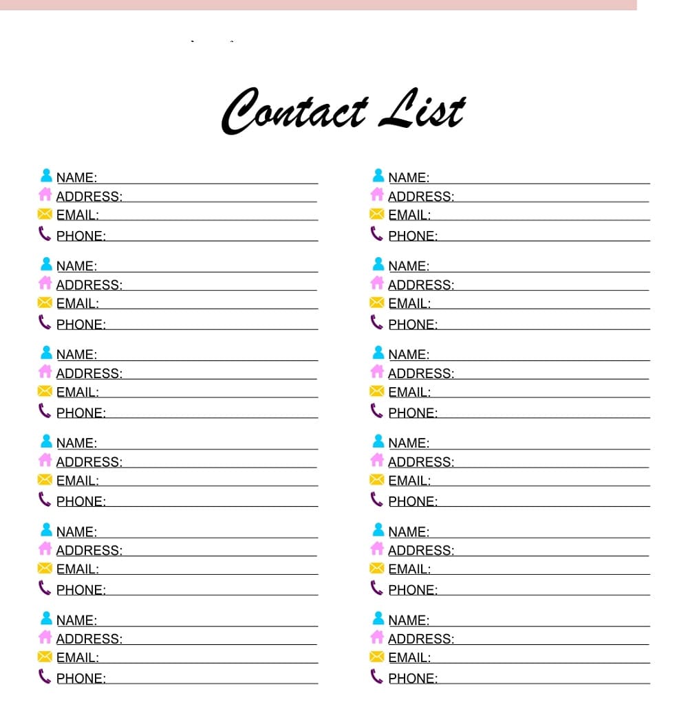 Printable Client Contact List Template