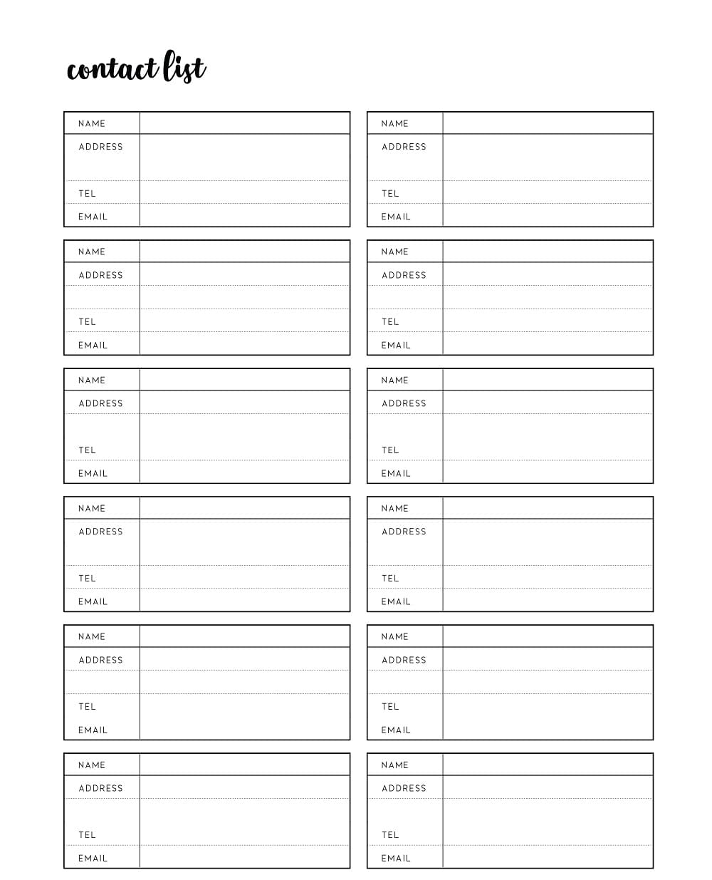 Printable Contact List Template Download Free