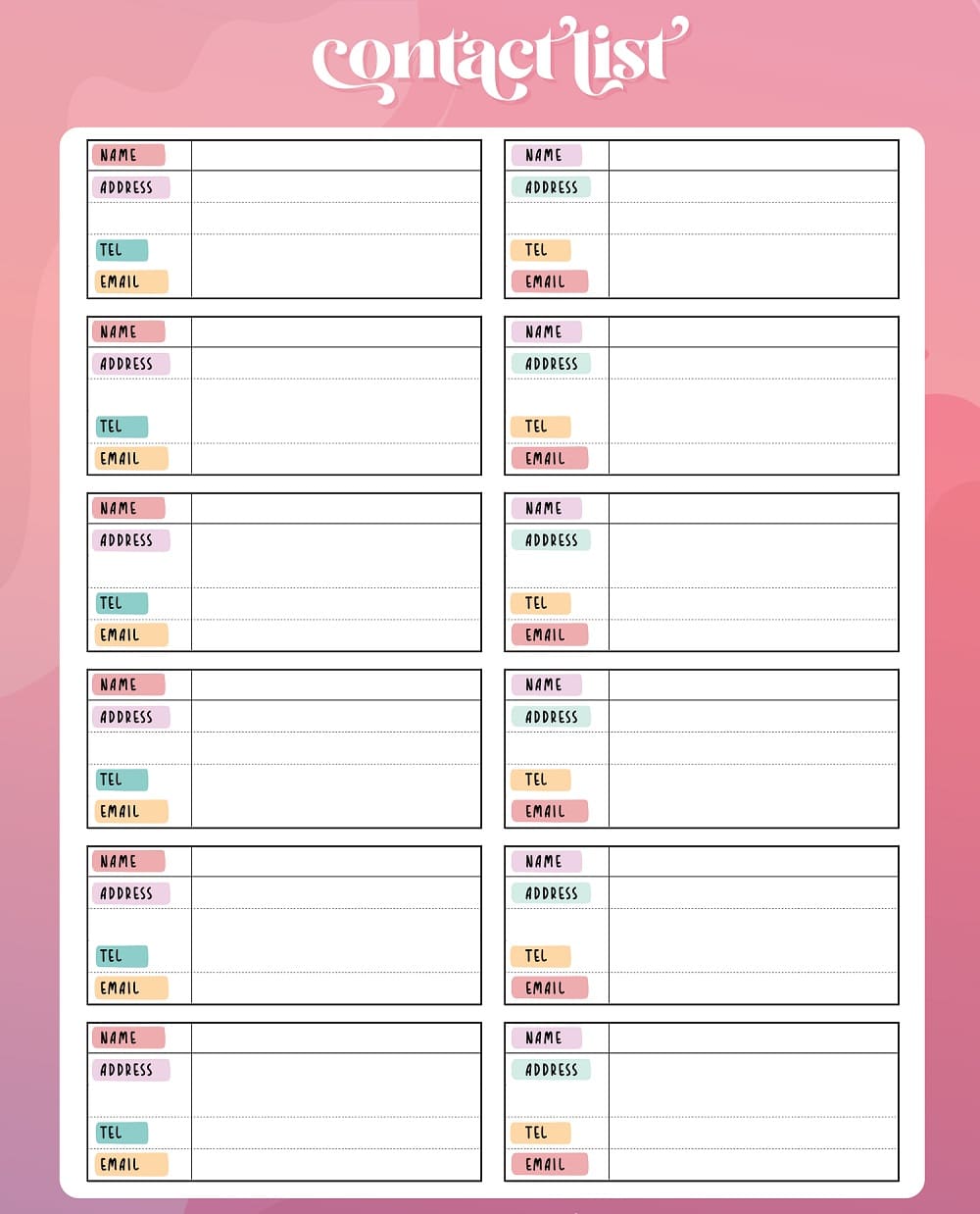 Printable Contact List Template For Free