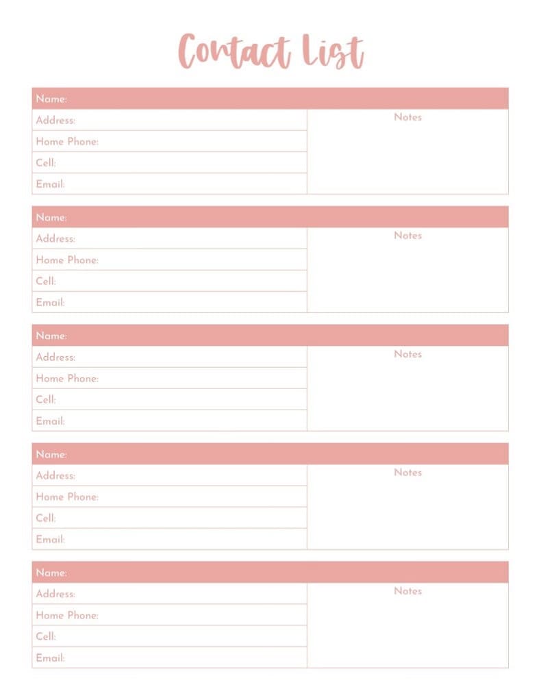 Printable Contact List Template For Kid