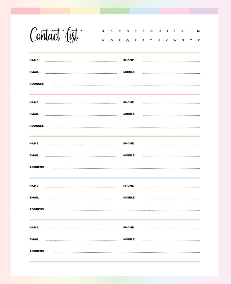 Printable Contact List Template Free Photo