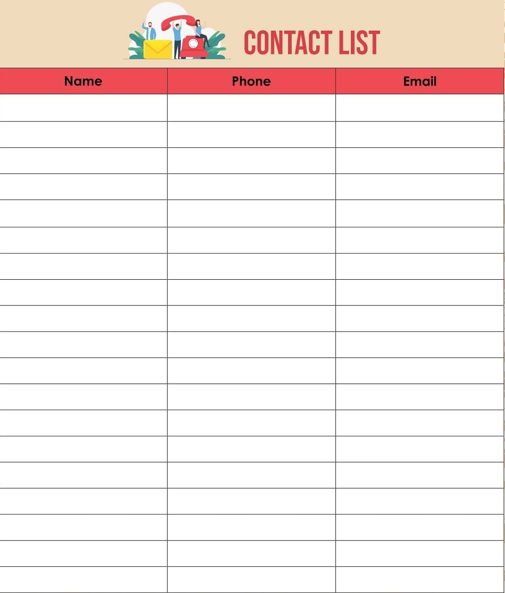 Printable Contact List Template Free Picture
