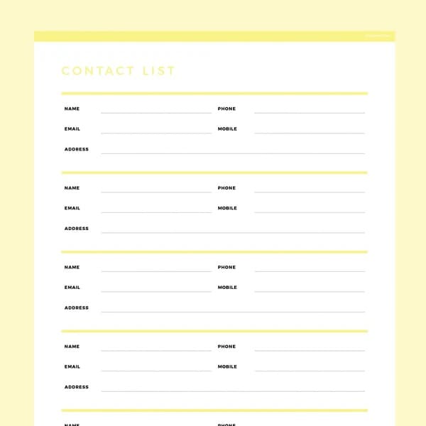 Printable Contact List Template Free Pictures