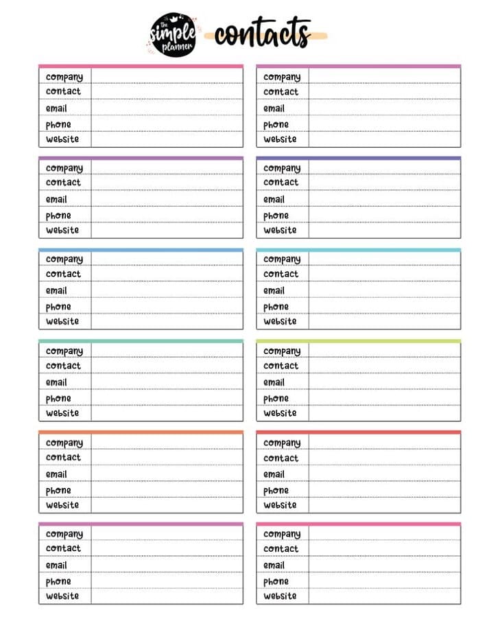 Printable Contact List Template Free