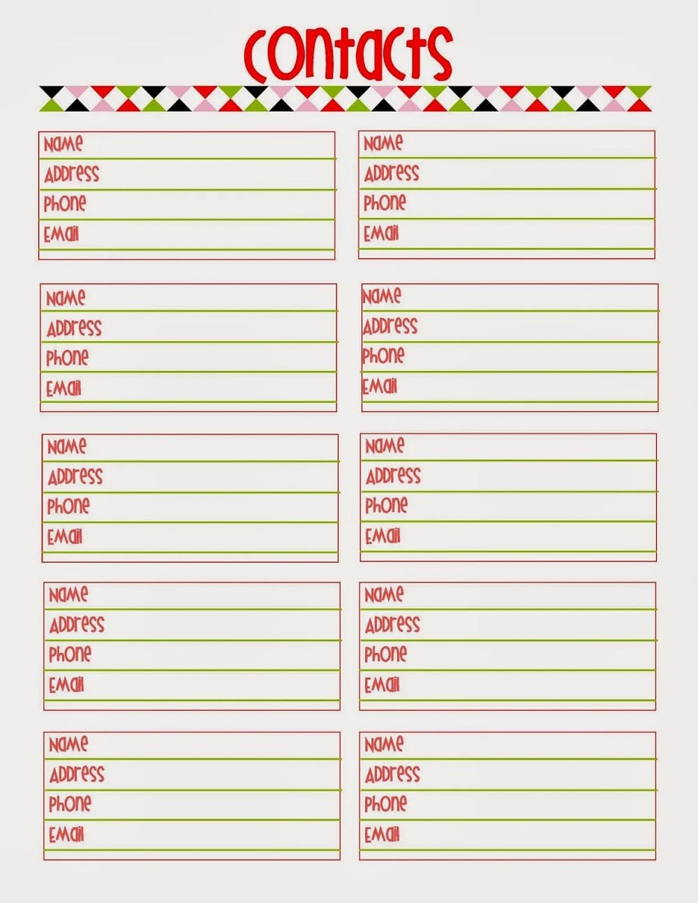Printable Contact List Template Pictures Free