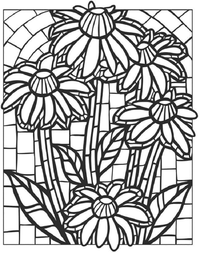 Printable Daisies Stained Glass Coloring Page