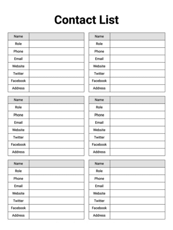 Printable Download Contact List Template Free