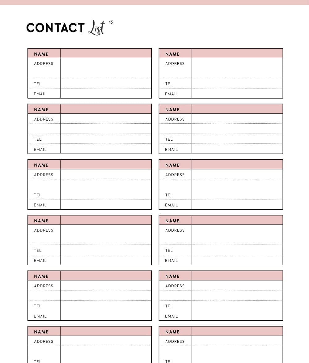 Printable Download Contact List Template