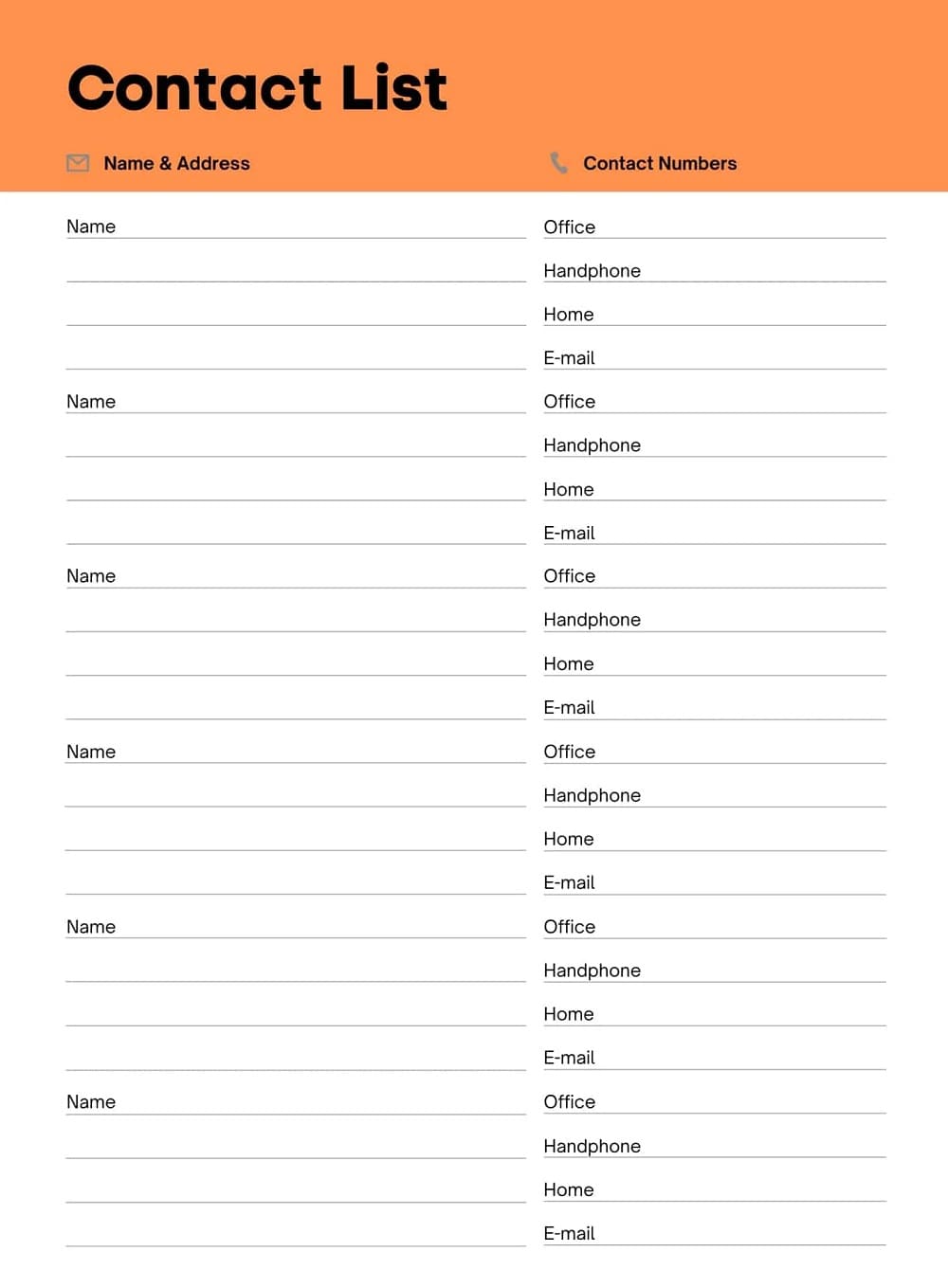 Printable Family Contact List Template