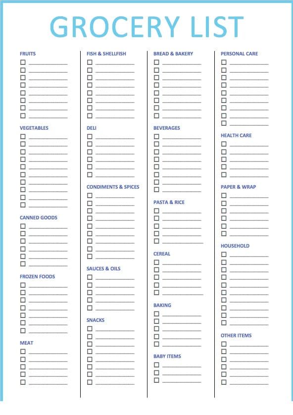 Printable For Free Grocery List Template