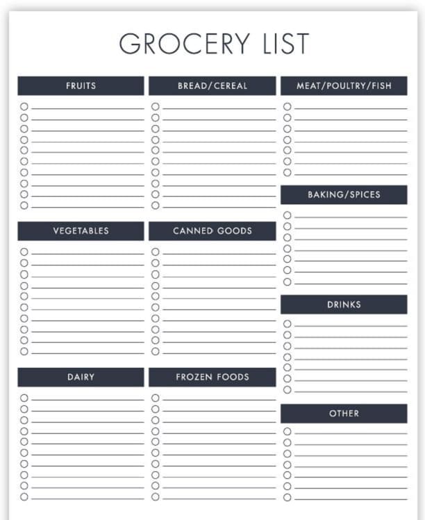 Printable Free Download Grocery List Template