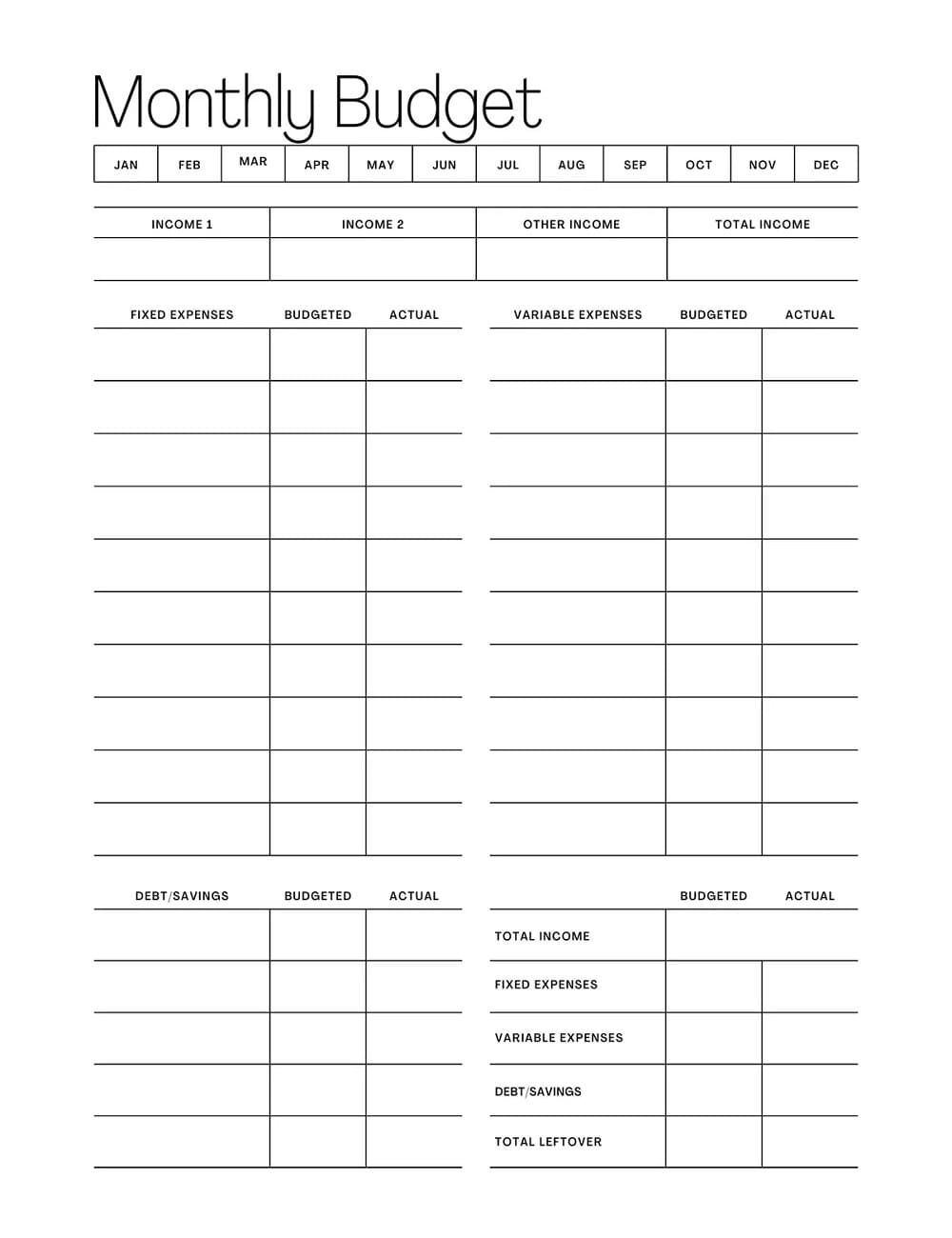 Printable Free Image of Monthly Budget Template