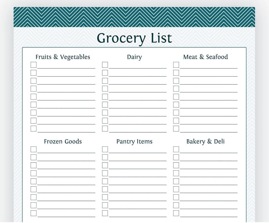 Printable Grocery List Template Download