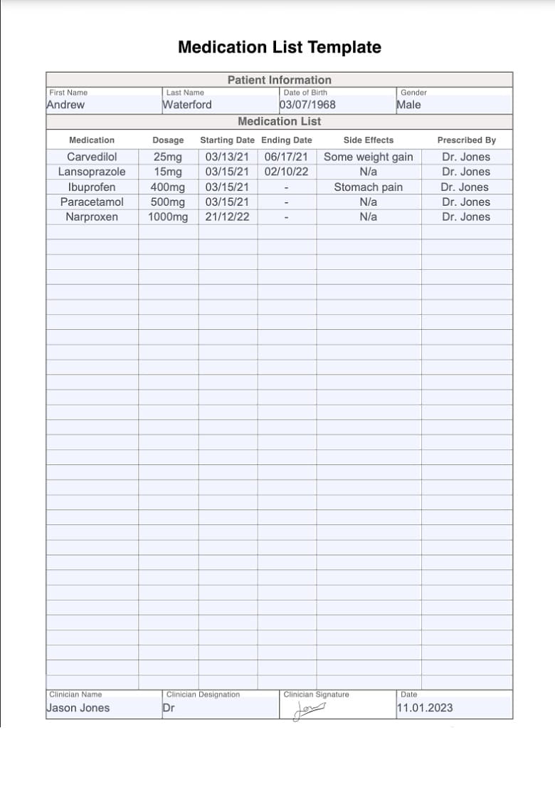 Printable Medication List Template For Free