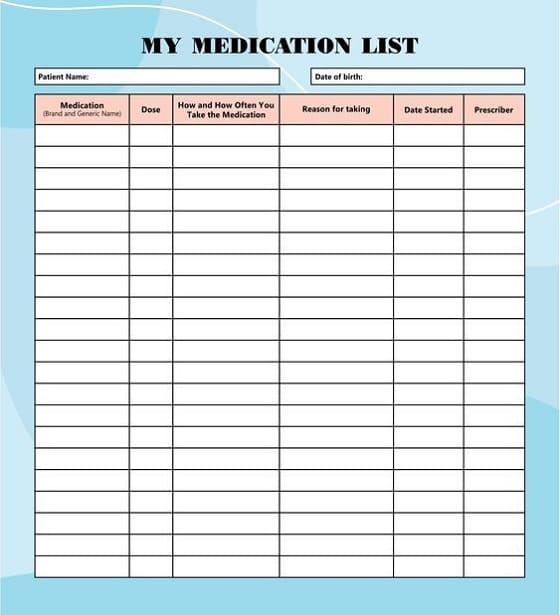 Printable Medication List Template Free Photo