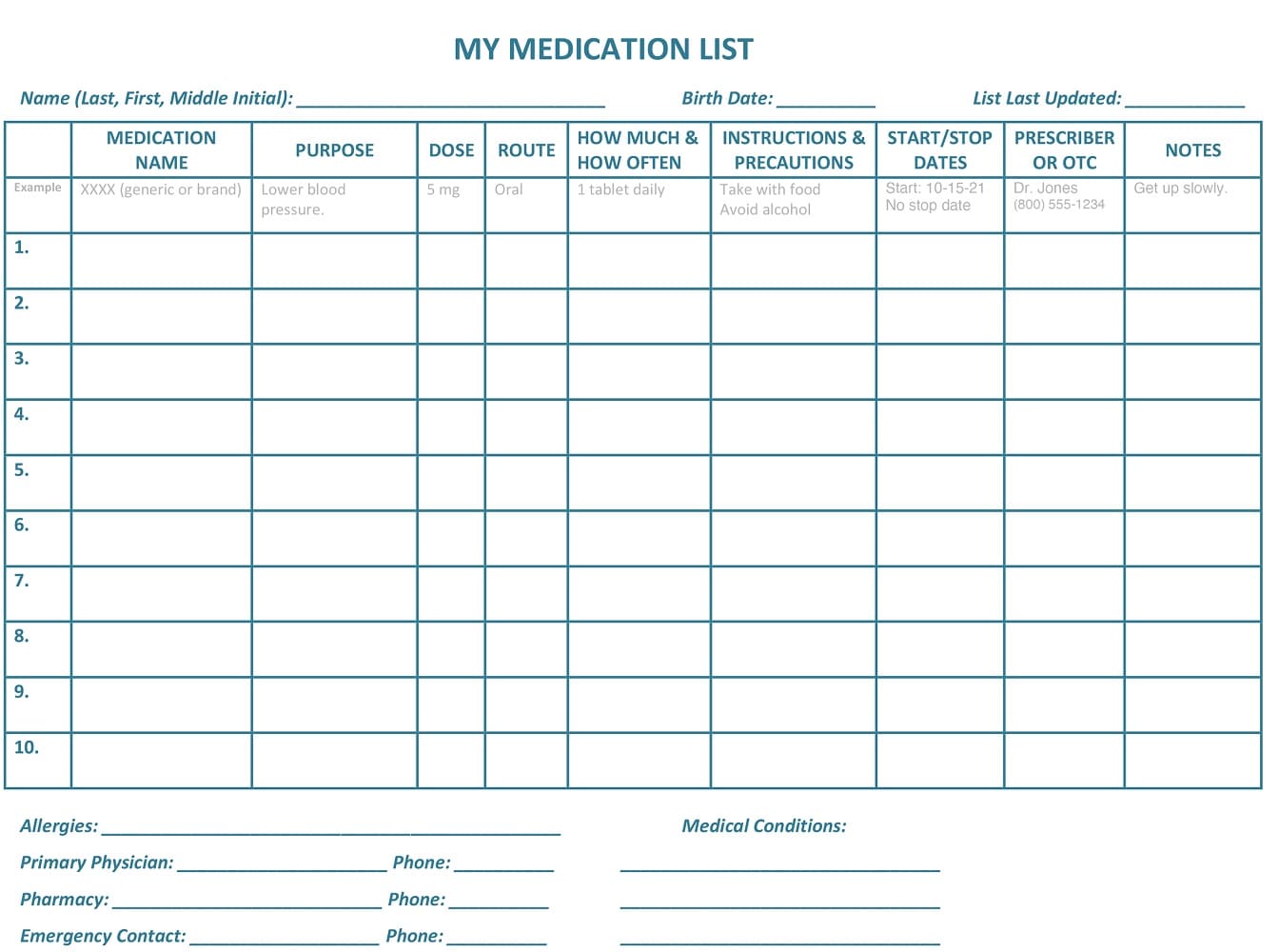 Printable Medication List Template Free Picture