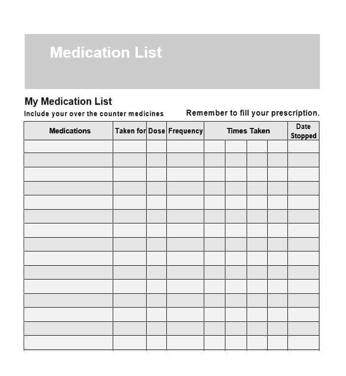 Printable Medication List Template Photo Download