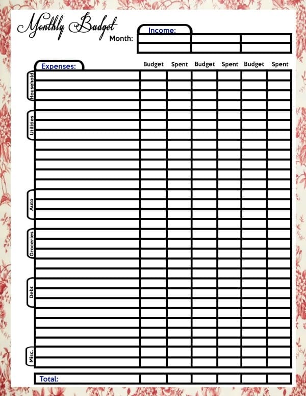 Printable Monthly Budget Template Image