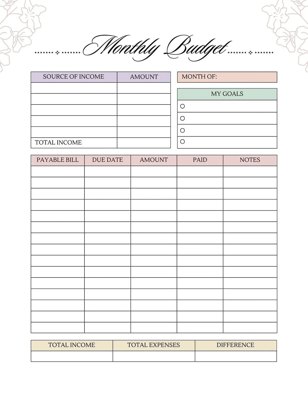 Printable Monthly Budget Template Planner