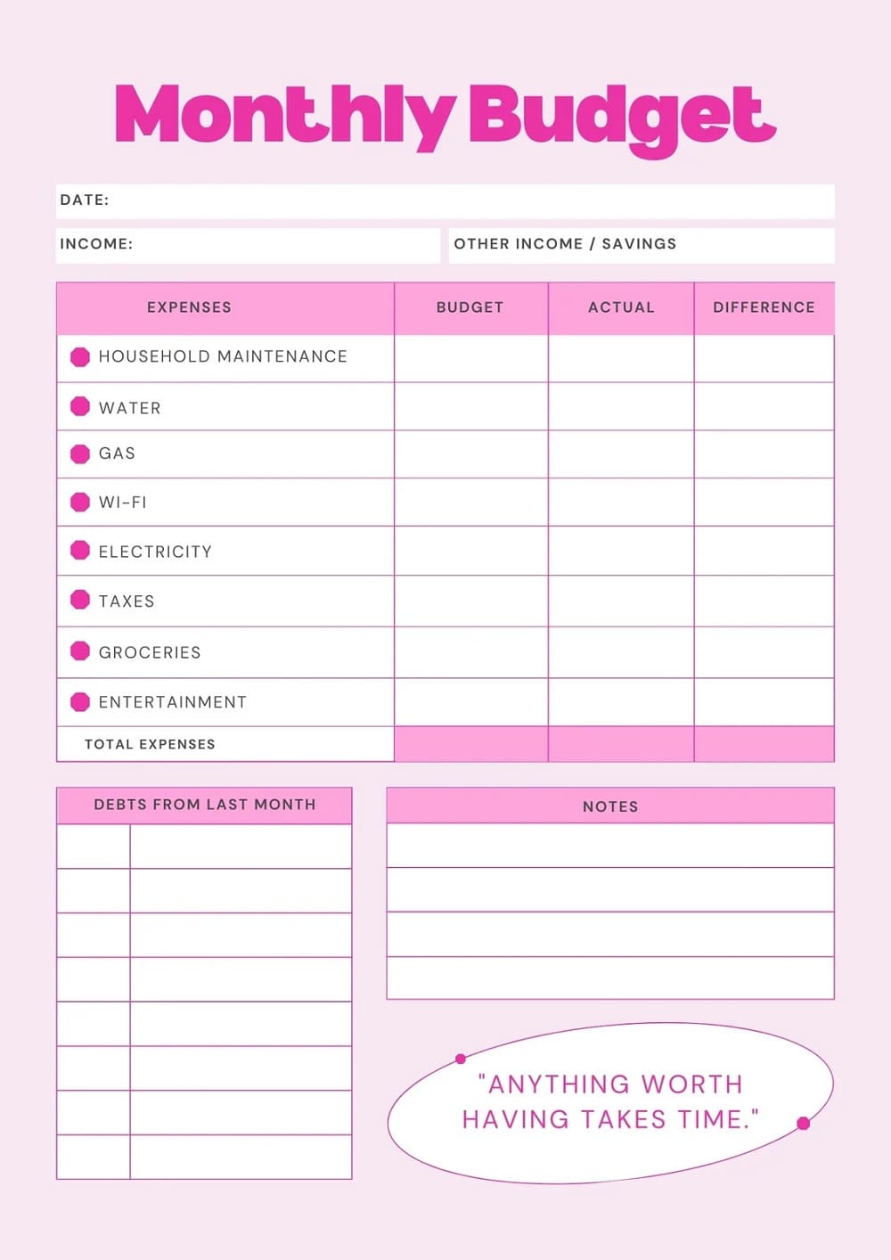 Printable Monthly Budget Template for Families