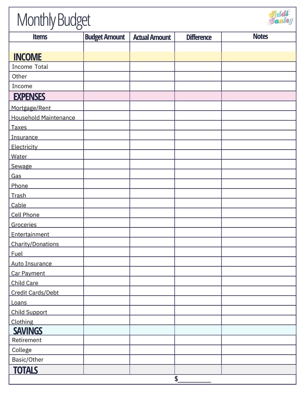 Printable Monthly Budget Template for Free