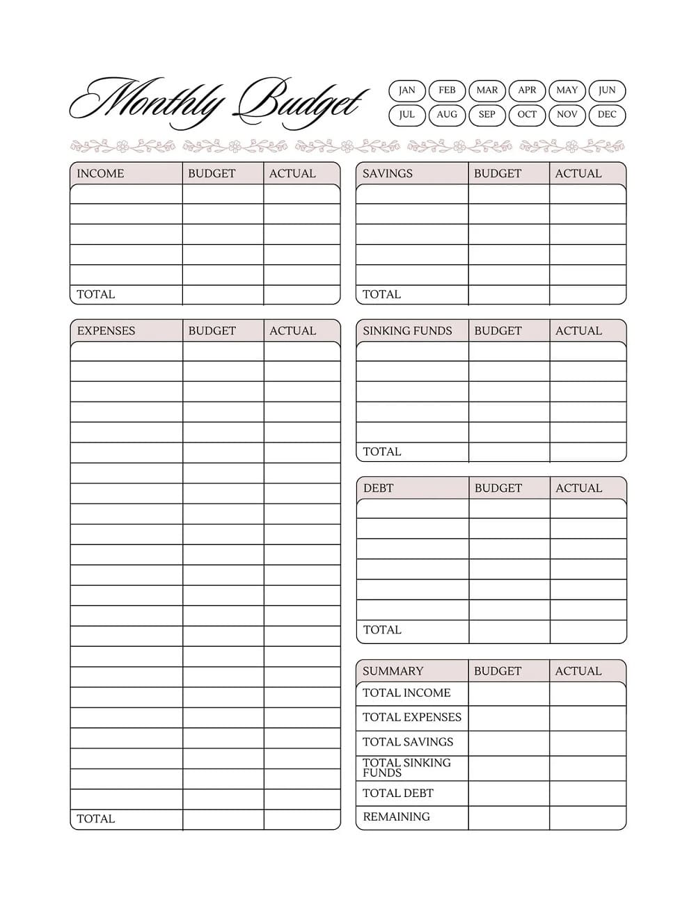 Printable Monthly Budget Template for Kid
