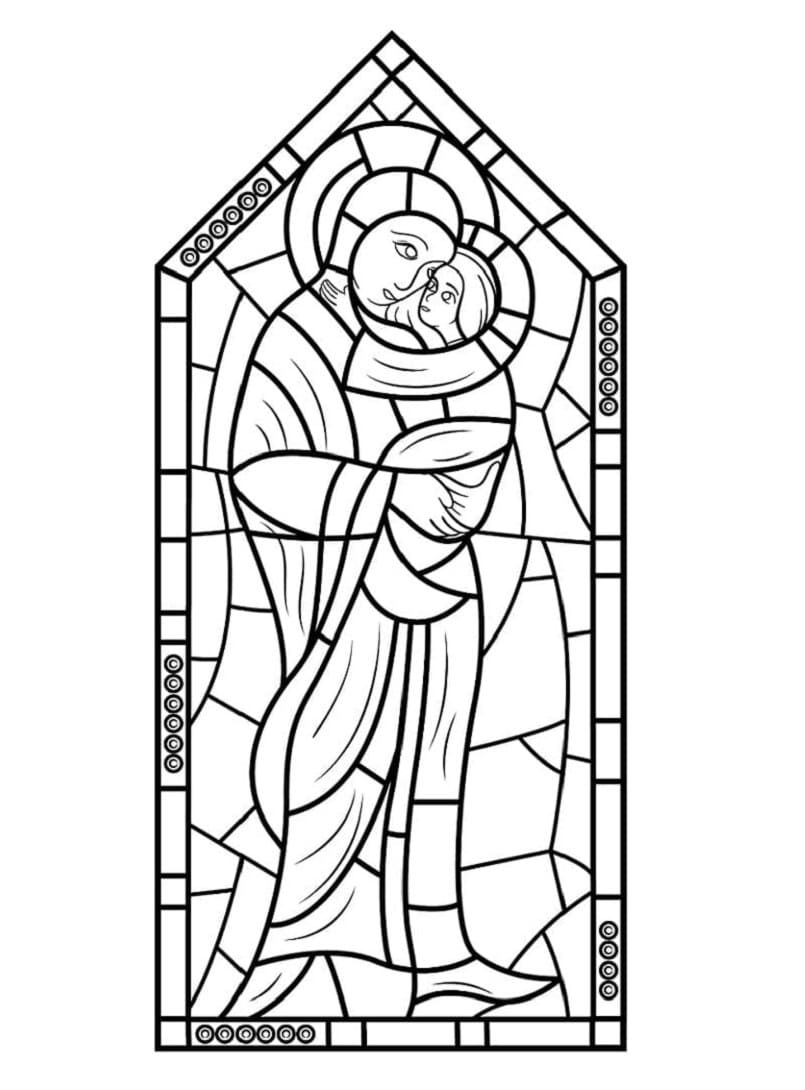 Printable Mother Maria and Jesus Stained Glass Coloring Page