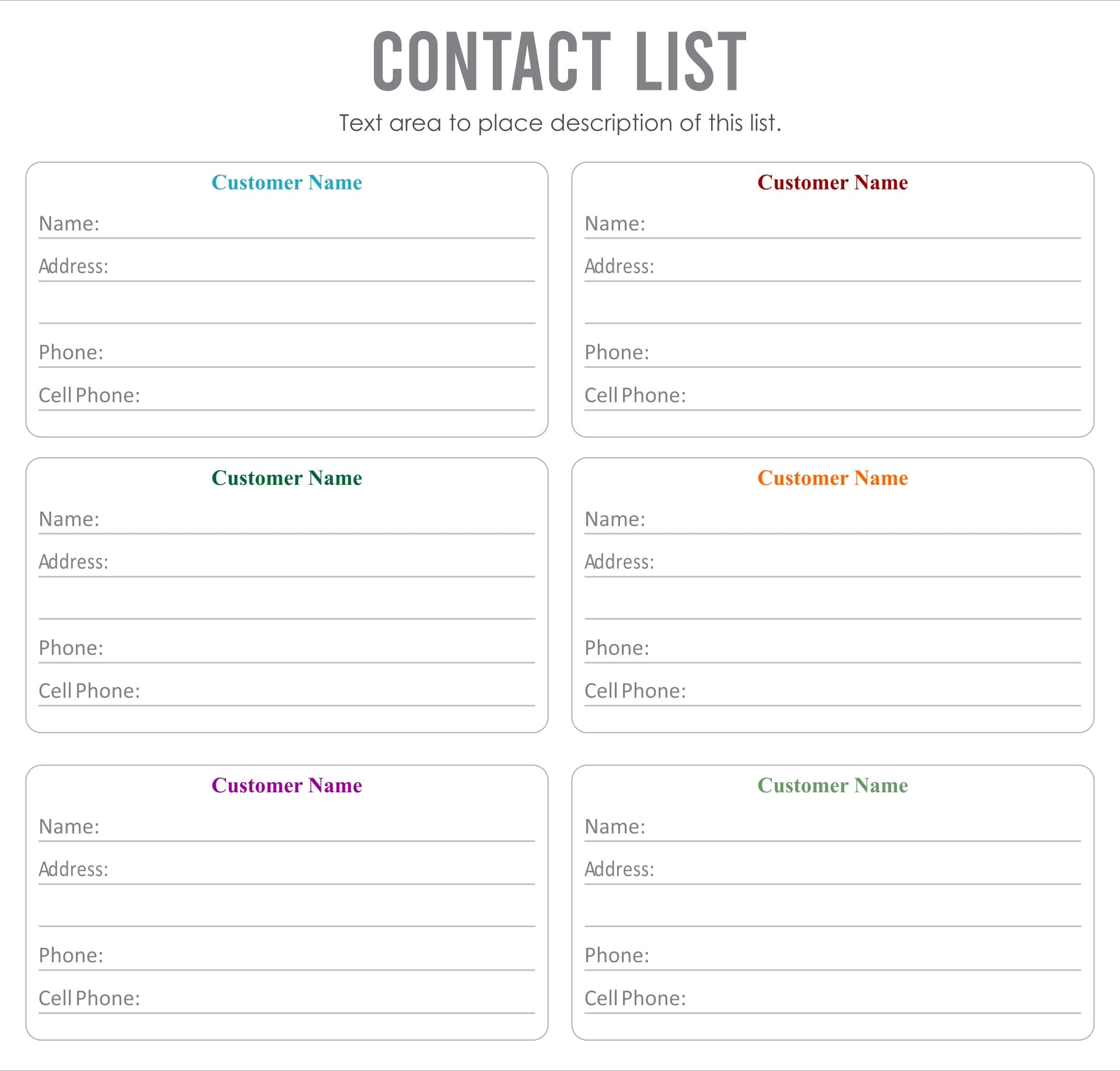 Printable Personal Contact List Template