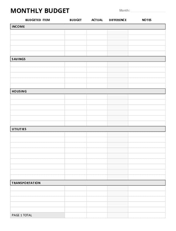 Printable Personal Monthly Budget Template Free