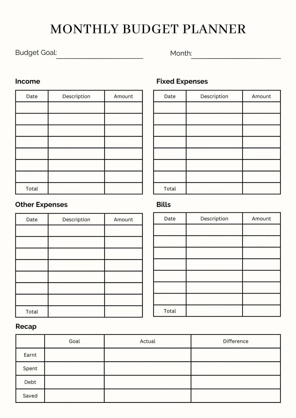 Simple Printable Monthly Budget Template