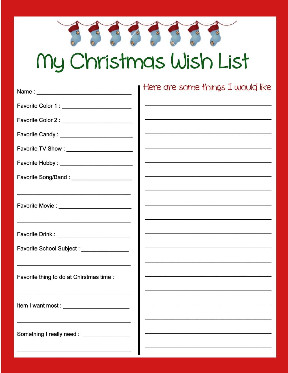 Printable Christmas List Template Free For Kids