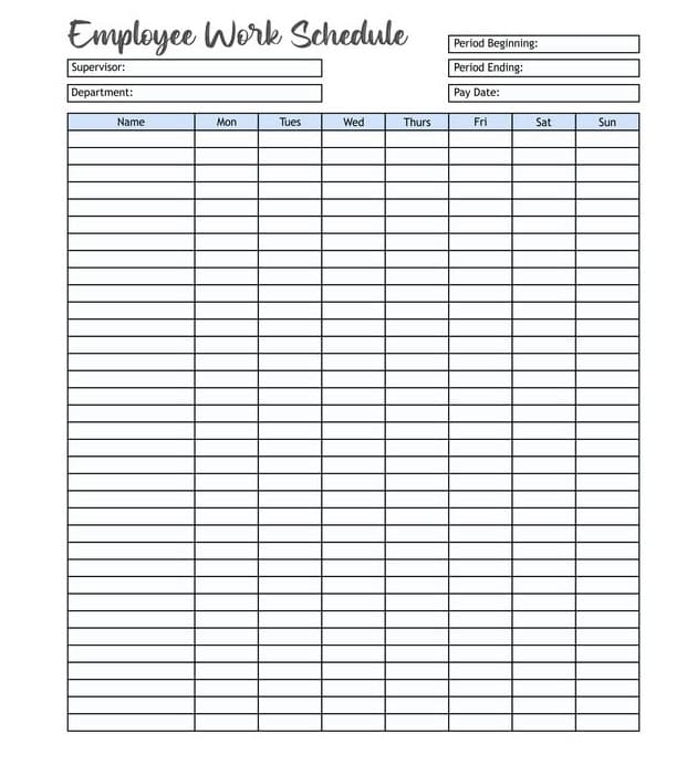 Printable Image of Work Schedule Template