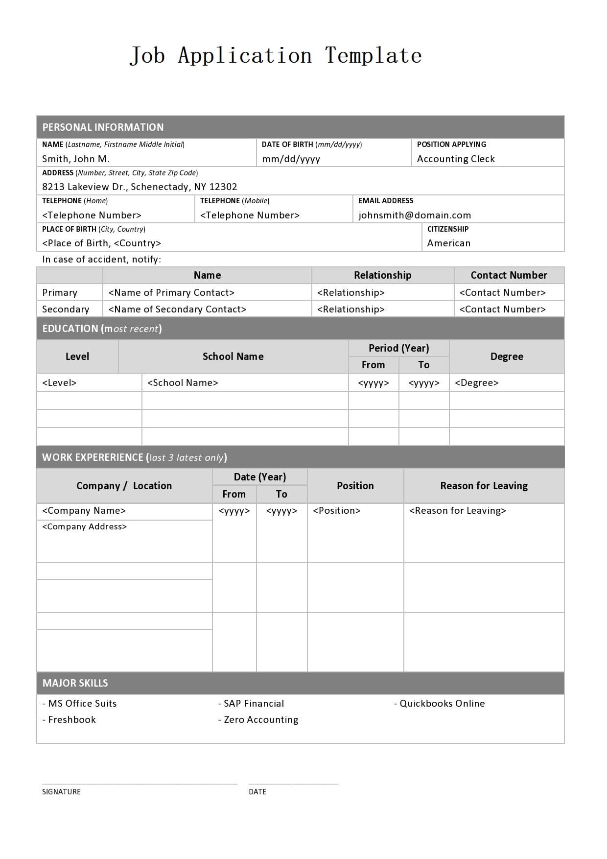 Printable Job Application Form Template