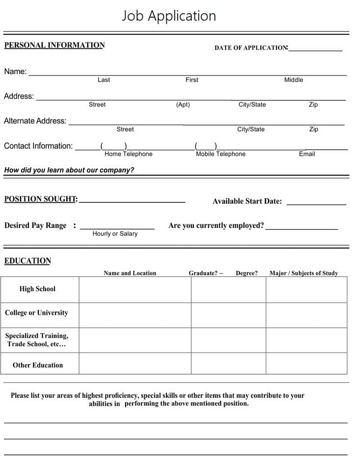 Printable Job Application Template Free Pictures