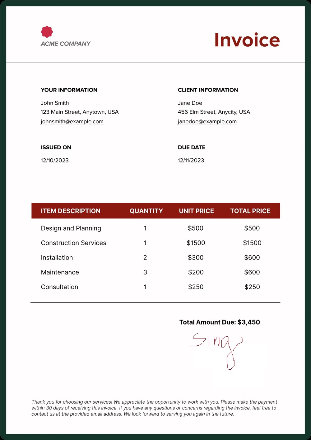 Printable Pictures of Invoice Template