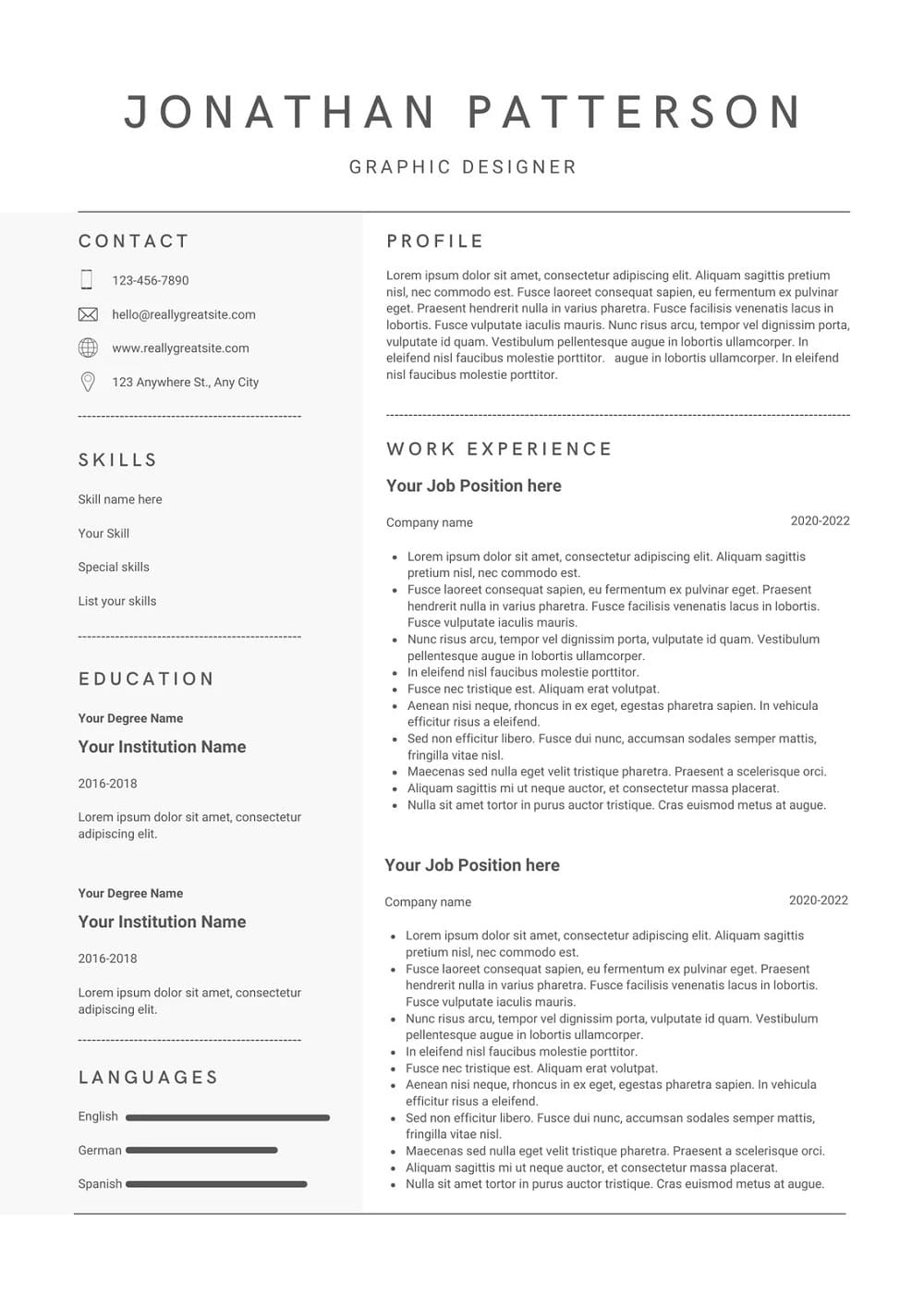 Printable Resume Template For Adult