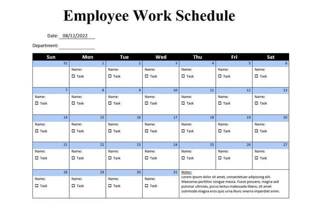 Printable Work Schedule Template For Adult