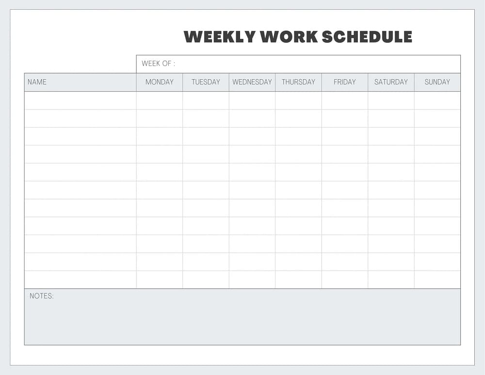 Printable Work Schedule Template Free Download