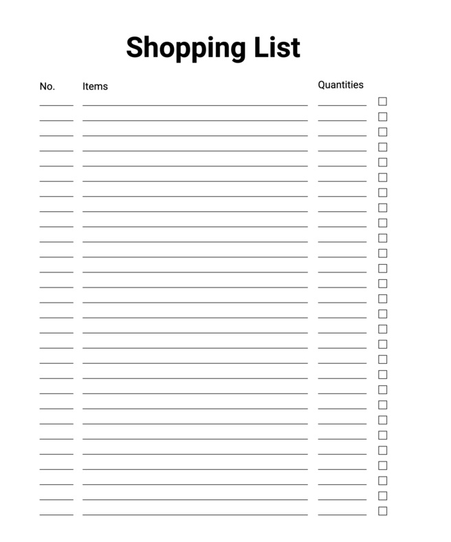 Printable Basic Shopping List Template