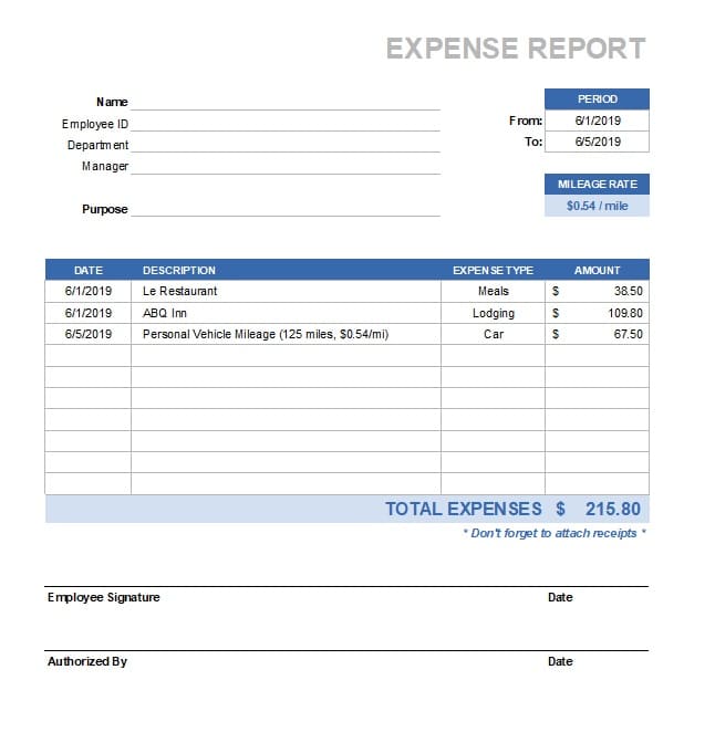 Printable Expense Report Template Basic