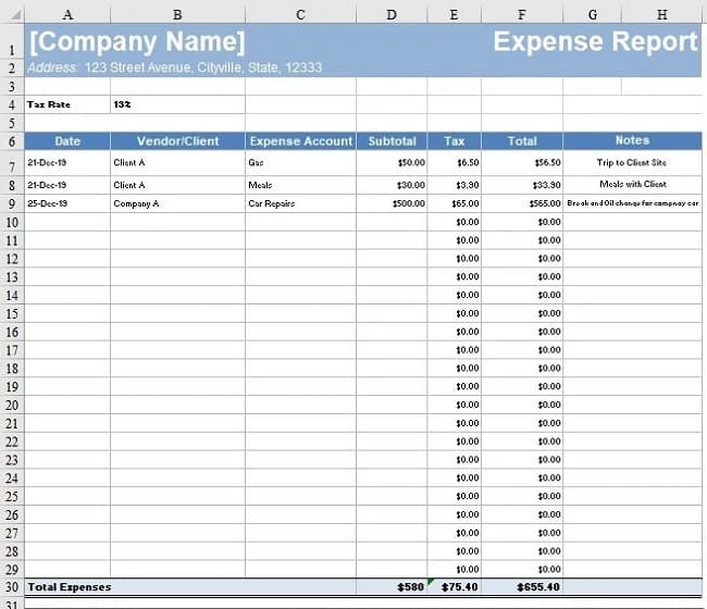 Printable Expense Report Template Free Image