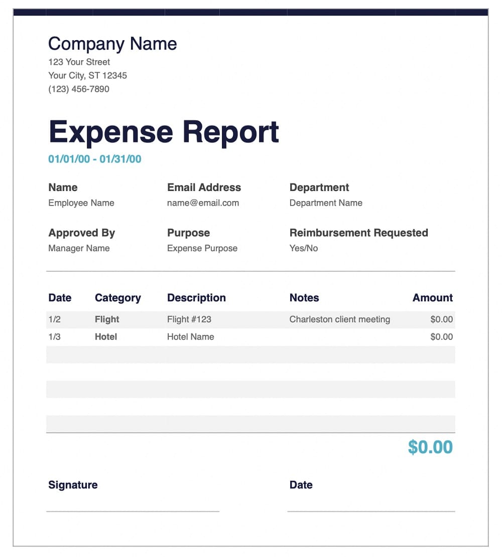 Printable Expense Report Template Free Picture