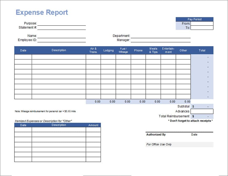Printable Expense Report Template Photo Download Free