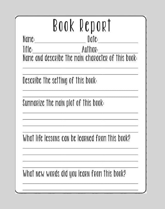 Printable Picture of Book Report Template