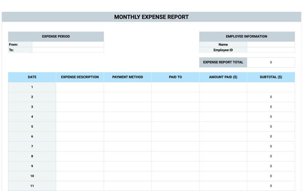 Printable Picture of Expense Report Template