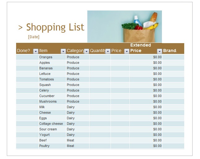 Printable Shopping List Template Download